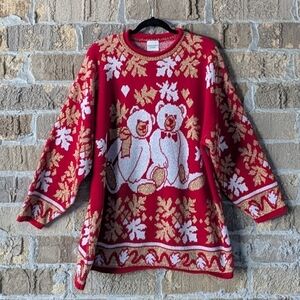 VTG 80s Holiday Time Teddy Bears Christmas Sweater Tunic Red Gold White